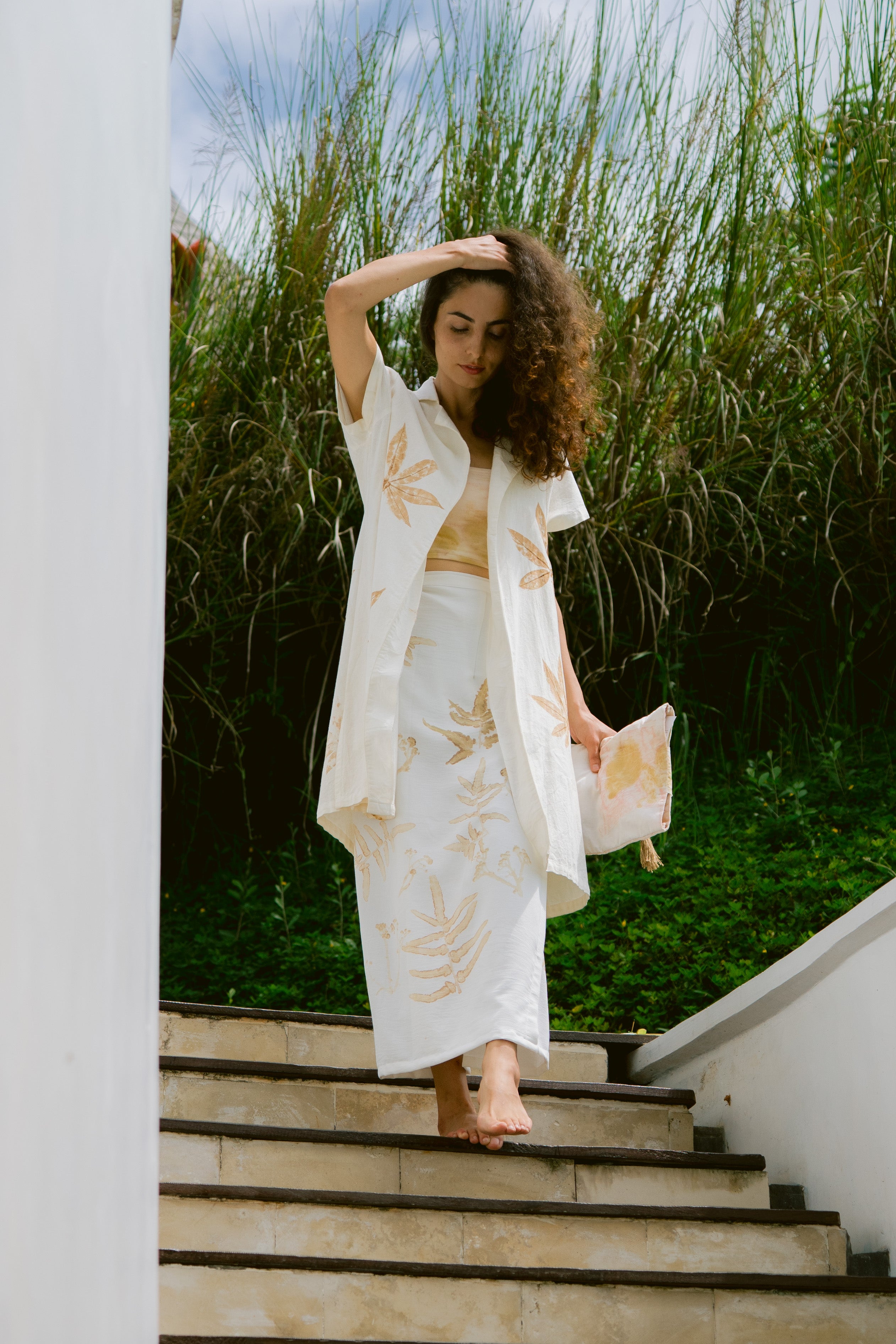 The Lotus  White & Brown Leaves Organic Bamboo Cotton Kimono Out Fit